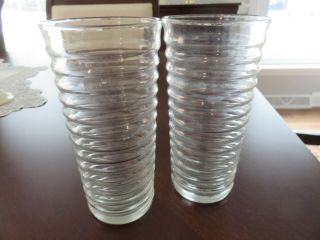 2 Vintage Anchor Hocking Clear Ribbed Ring 6 1/2 " Glass Tumblers Rare Look