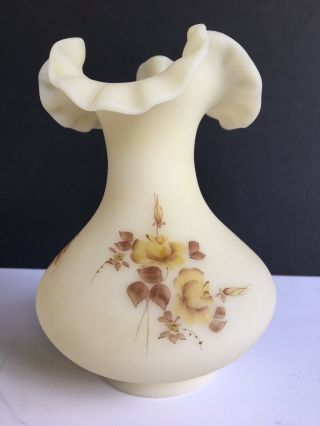 Vintage Fenton Custard Yellow Vase Hand Painted Yellow Roses Ruffle Edges Signed