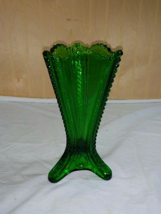 Vintage Emerald Green Ribbed Glass 3 Footed Vase Hobnail