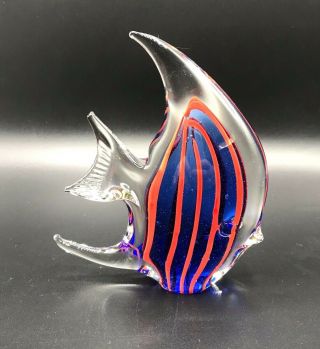 Hand Blown Art Glass Angel Fish Paperweight Cobolt Blue Red Stripes 5 " Tall