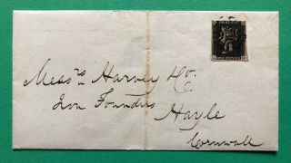 Gb.  1d Penny Black Tied To Cover.  Plate 9,  4 Margins.  Black Mc Cancellation