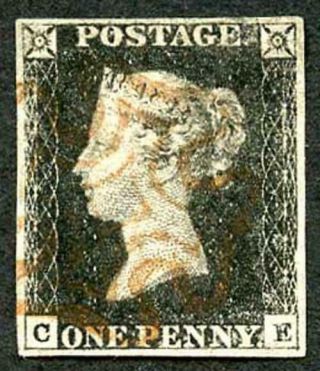 Penny Black (ce) Plate 4 Cancelled With A Red Mx Four Margins