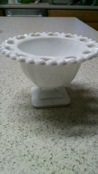 Milk Glass Lace Edged Bowl.  Pedestal.  Basket Of Grapes.  3 1/8 ".