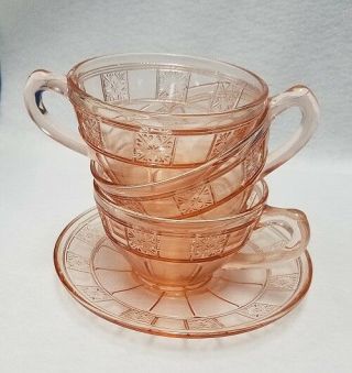 Jeannette Glass Doric Pink Pattern 3 Cups 1 Saucer