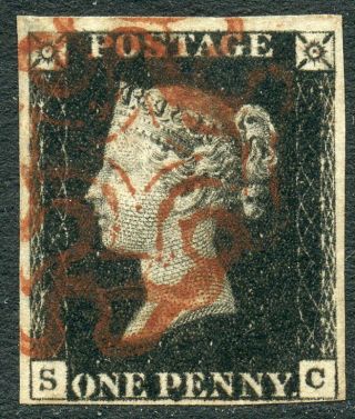 Great Britain - 1840 1d Black Sc Plate 4 With Red Maltese Cross Cancel