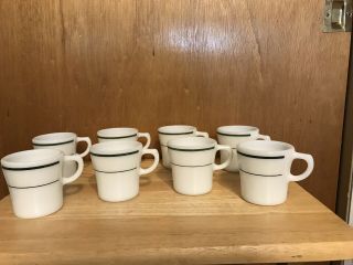 8 Vintage Pyrex Corning Table Ware Green Stripe Coffee Cups Restaurant Ware 709
