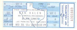 Rare Van Halen & The Velcros 7/11/84 Houston Tx The Summit Full Concert Ticket