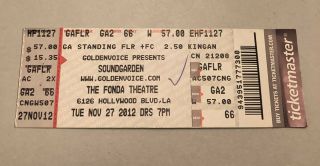 2012 Soundgarden Chris Cornell Concert Ticket Stub Los Angeles 11/27/2012