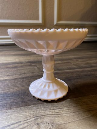 Vintage Footed Compote In Shell Pink Milk Glass Windsor Pattern By Jeanette