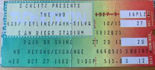 1982 The Who Travers Concert Ticket Stub Jack Murphy Stadium San Diego Ca 10/27