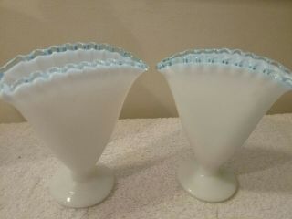 Vintage Milk Glass Vases With Blue Ruffle On Edges