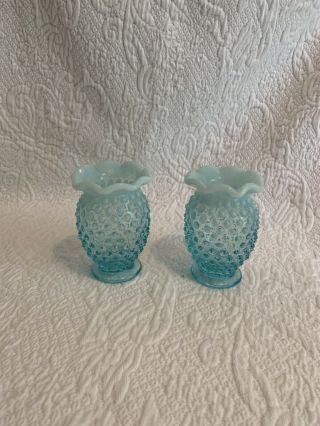 Vintage Fenton Opalescent Blue Hobnail Glass Ruffled Vase