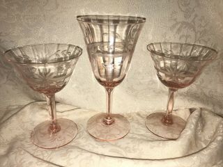 Vintage Pink Depression Glass Etched Floral Ribbed Stemware Glasses