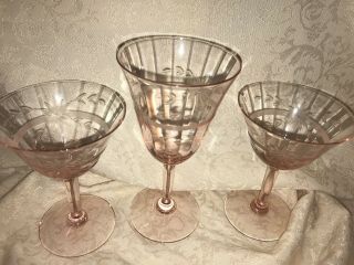 Vintage Pink Depression Glass Etched Floral Ribbed Stemware Glasses 2