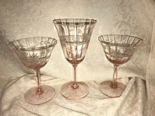 Vintage Pink Depression Glass Etched Floral Ribbed Stemware Glasses 3