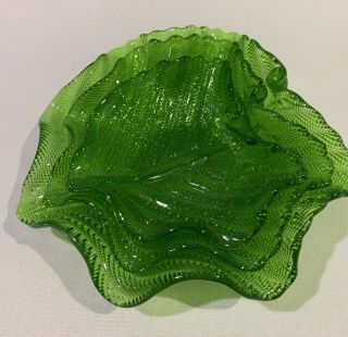 Vintage Candy Nut Trinket Dish Leaf Shape Set Of 3 Pressed Emerald Green Glass