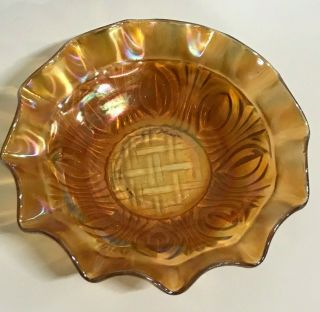 Marigold Iridescence Carnival Glass Bowl Basket Weave Pattern To Base