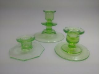 Vintage Set Of 3 Tiered Eclectic Green Uranium Glass Tapered Candlestick Holders