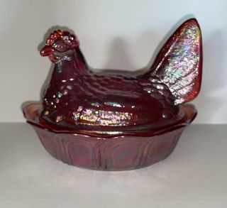 Fenton Glass Hen On Scallop Rim Nest Chicken 5182 - Red Carnival