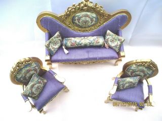 Artisan Miniature French Baroque Sofa And Two Chairs Finished In Antique Gold
