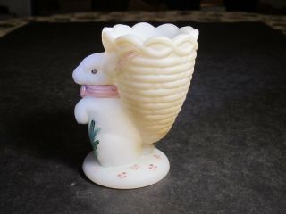 Fenton White Satin Glass Hand Decorated Bunny Rabbit With Toothpick Holder Back
