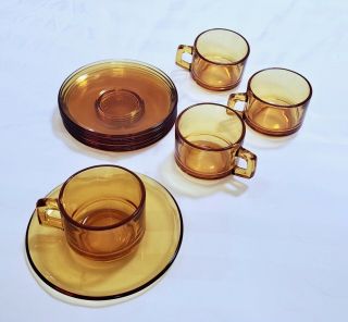 Vintage Vereco France Amber Glass Demitasse Cups & Saucers
