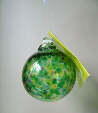 Kitras Art Glass Calico 2 " Ball Ornament Spring Sun Catcher Green Yellow Purple
