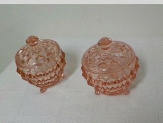 Two Jeannette Pink Depression Glass Cube Cubist Powder Boxs Jars With Lids