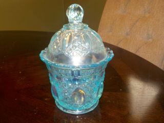 Vintage Blue Covered Candy Dish Imperial Glass Co,  (signed).
