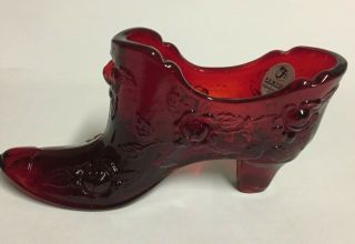 Vintage Fenton Ruby Red Glass Cabbage Rose Shoe Slipper Heel Boot W/orig Sticker