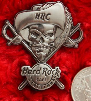 Hard Rock Cafe Pin Barcelona 3d Silver Skull Cross Sword Pirate Hat Logo Explore