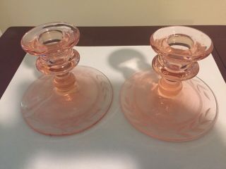 Vintage Etched Pink Depression Glass Candlesticks Set Of Two