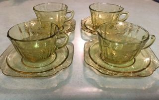 4 Federal Depression Glass Madrid Amber Cup & Saucer Set Yellow Coffee Tea Vgc