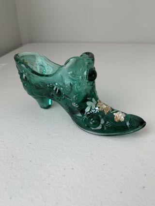 Vintage Fenton Green Glass Shoe Hand Painted Signed K Pickenpaugh Flowers