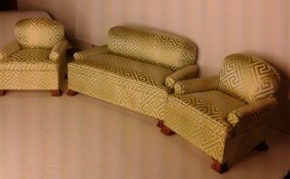 Hansson Green & Gold Sofa,  2 Matching Chairs For 1:12 Scale Dollhouse