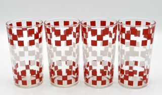 Set Of 4 Vintage Mid Century Glass Tumblers - Red & White Square Checker Pattern