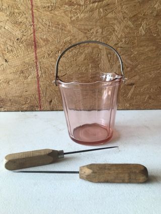 Pink Depression Glass Ice Bucket With 2 Wood Handle Picks