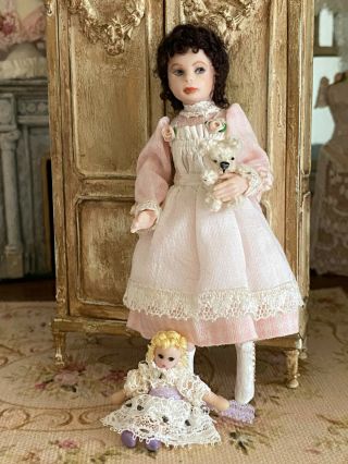 Vintage Miniature Dollhouse Artisan Dark Haired Child Porcelain Girl Doll & Toys