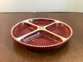 Vintage 4 Part Divided Ceramic Relish Dish Round Red Cream Embossed Fleur De Lis