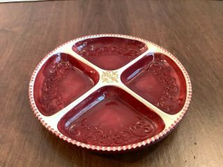 Vintage 4 Part Divided Ceramic Relish Dish Round Red Cream Embossed Fleur de Lis 2