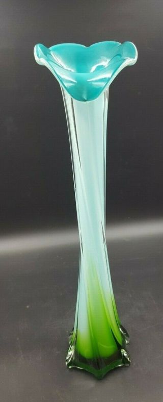 Murano Style Jack In The Pulpit Lily Blue Green White Art Glass Vase 15 Inches