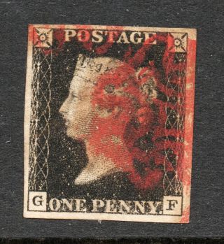 Queen Victoria Penny Black Sg 2 - 1d Black Plate 7 " G F " Red Mx - Large Margin