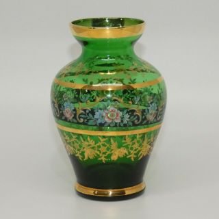 Handpainted Vintage Green Floral Decorated Venetian Murano Glass Vase