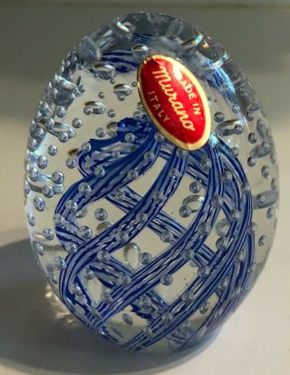 Murano Clear Controlled Bubbles Art Glass Egg Paperweight W Blue 3 1/2 " Sticker