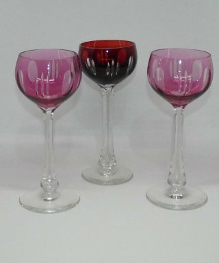 Set Of 3 Bohemian Cut To Clear High Ball Wine Glasses 2 Pink Cranberry 1 Rubyred