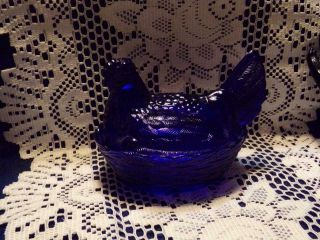 Vintage Cobalt Blue Glass Hen On Nest - Chicken Covered Candy Dish