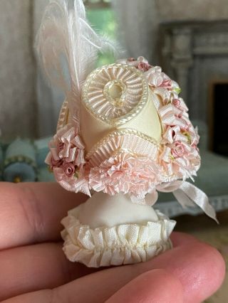 Vintage Miniature Dollhouse Artisan Silk Victorian Ladies Hat Bisque Head Stand