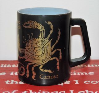 Vtg Cancer Astrology Federal Glass Coffee Mug 60s Black/gold White Milk Glass