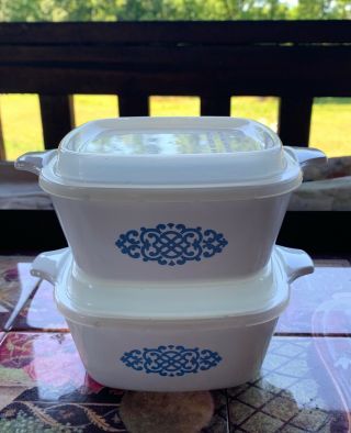 2 X Corning Ware Blue Medallion P - 43 - B 2 3/4 Cup Bowls / Casseroles With Lids