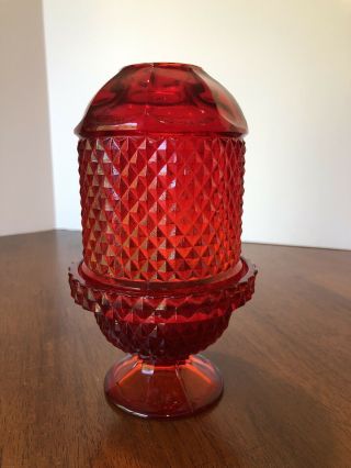 Rare Vintage Viking Red Orange Amberina Diamond Point Glass Fairy Lamp Manganese